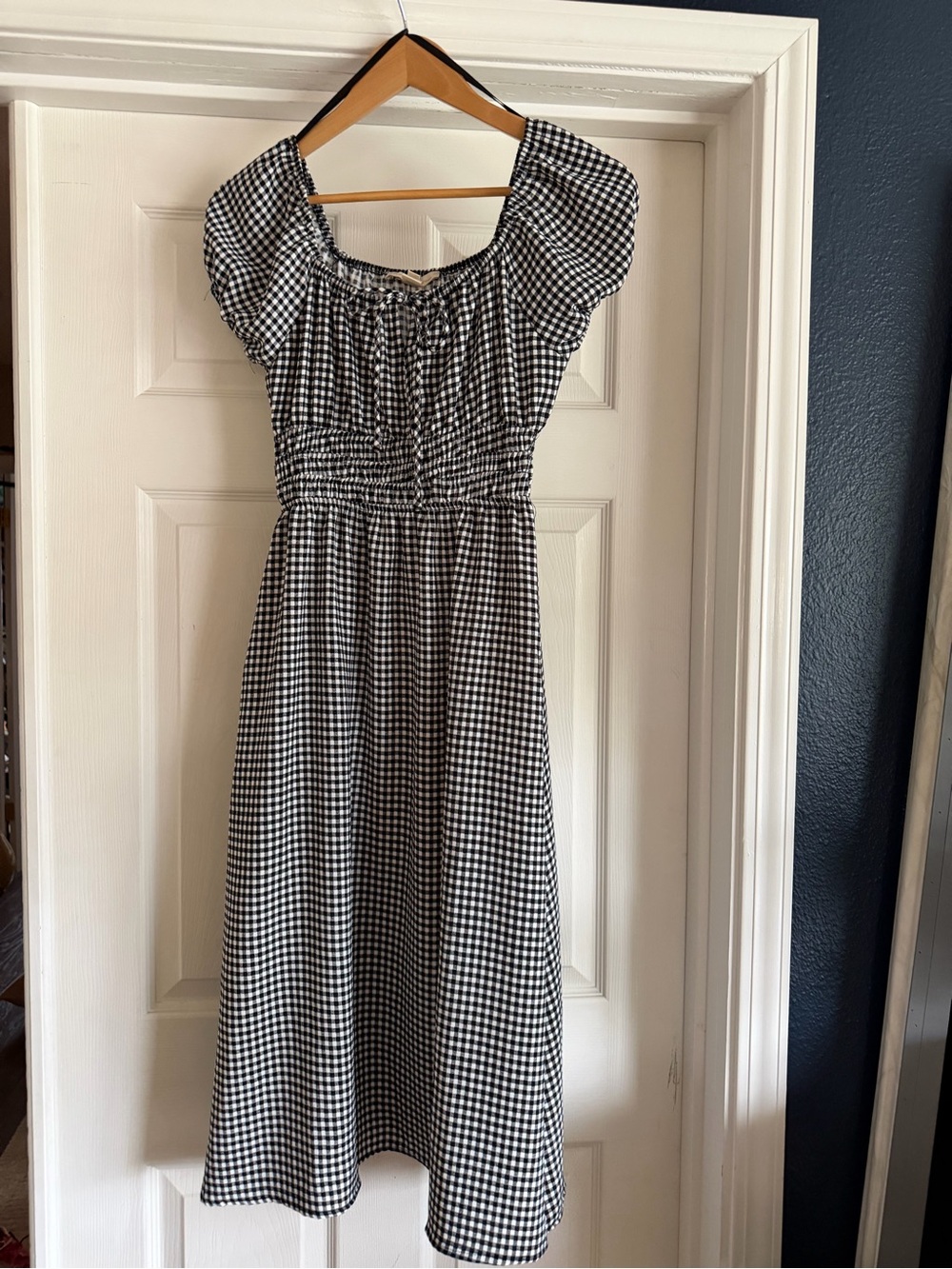 Monteau Black and White Gingham Midi Dress with Smocked Waist